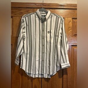 Hunt Club Ladies Button Down Green Stripe Shirt Size Large